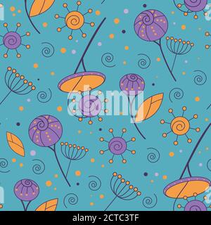 Purple and orange flower vintage seamless pattern on blue background. Stock Vector