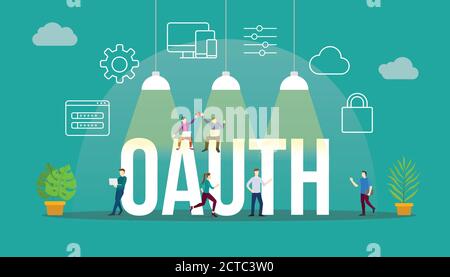 oauth open authorization concept with people and big text word and related icon flat Stock Vector