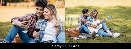 collage of couple holding glasses of red wine, woman playing acoustic guitar near boyfriend in park Stock Photo