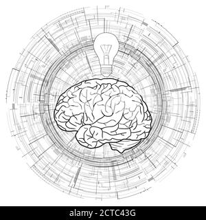Human brain and a light bulb on  technical circular background. Idea, inspiration.  Vector black and white microchips background for your creativity Stock Vector