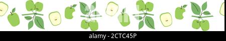 Seamless border with green apples. Endless ornament. Design template. Set of vector fruit isolated on white background. Line pattern. Positive Stock Vector