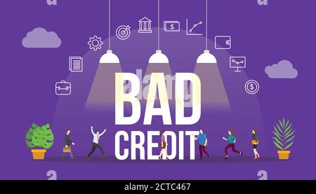 bad credit financial report concept with people and big text word and related icon flat Stock Vector