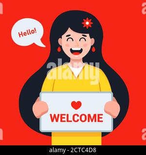 the girl meets the guest with a sign with the inscription welcome. long-awaited meeting of a loved one. flat vector character illustration Stock Vector