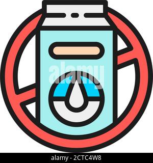 Forbidden sign with milk packaging, lactose allergy flat color line icon. Stock Vector