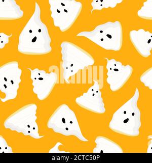 Wrapping paper design. Ghosts pattern seamless. Bright orange background. Halloween. Stock Vector