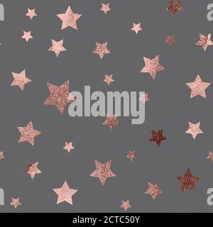 Rose Gold Christmas glitter sparkles stars geometric seamless pattern background Stock Vector