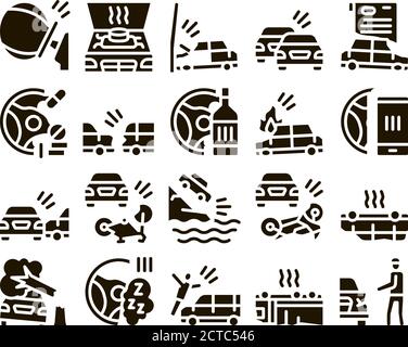 Car Crash Accident Glyph Set Vector Stock Vector