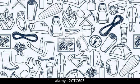 vector caving and climbing line icons background texture seamless pattern Stock Vector