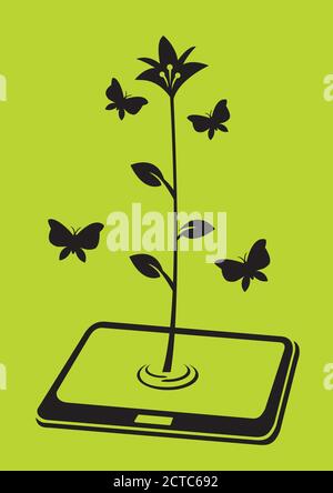 Minimalist vector illustration of a beautiful tall flower plant growing out of screen of electronic digital tablet and butterflies flying around it. Stock Vector