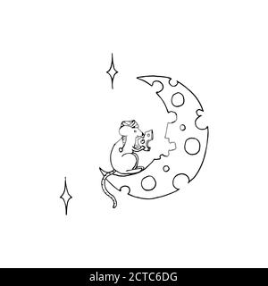 Vector llustration of cute mouse eating moon shaped of cheese. Black and white cartoon tattoo art Stock Vector