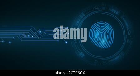High-tech fingerprint for computer system security with HUD interface elements. Scan for padlock. Computer circuit board. Abstract blue cyber circle. Stock Vector