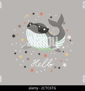 Hello, card with baby shark in sunglasses on gray background. Vector illustration. Stock Vector