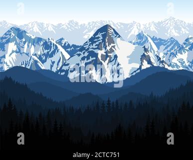 vector Himalaya alps morning mountains background texture seamless pattern. Stock Vector