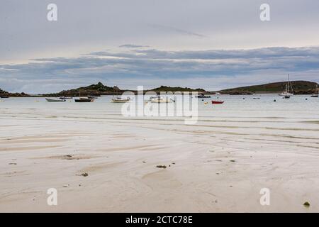 View from Green Porth on Tresco across towards Round Island in the Isles of Scilly Stock Photo