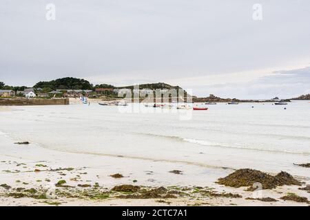 Boats anchored in Old Grimsby Harbour, Tresco, Isles of Scilly Stock Photo