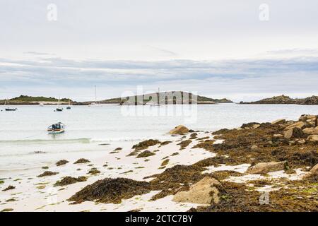 Boats anchored in Old Grimsby Harbour, Tresco, Isles of Scilly Stock Photo