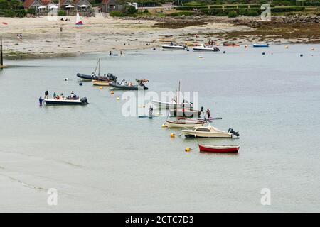 Boats anchored in Old Grimsby Harbour, Tresco, Isles of Scilly Stock Photo