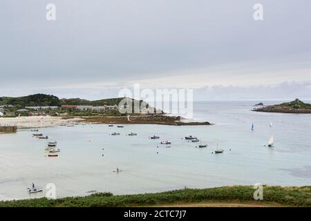 Boats anchored in Old Grimsby Harbour, Tresco, Isles of Scilly Stock Photo