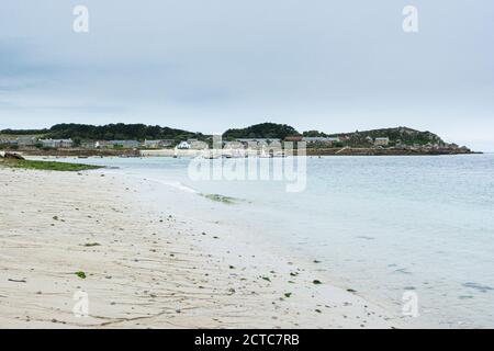 Boats anchored in Old Grimsby Harbour, Tresco, Isles of Scilly Stock Photo