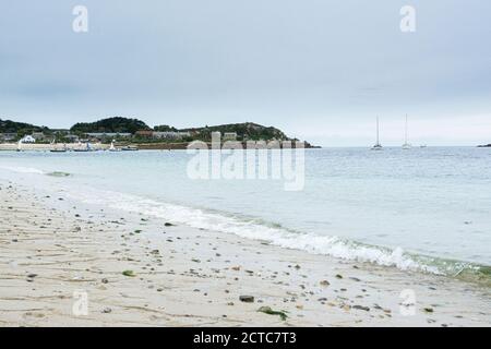 Boats anchored in Old Grimsby Harbour, Tresco, Isles of Scilly Stock Photo