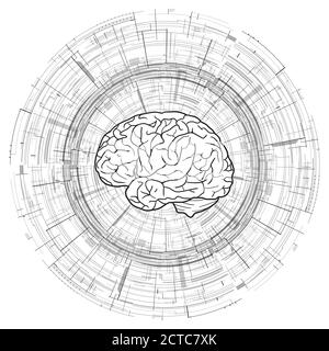Human brain on  technical circular background. Microchips. Blueprint. Vector black and white background for your creativity Stock Vector