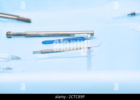 Surgery tools. Operation room inside. Blue color. Stock Photo