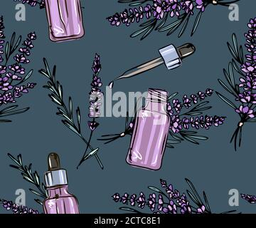 Lavander essential oil bottle  and bunch of flowers hand drawn vector illustration. Isolated drawing for Aromatherapy treatment, alternative medicine, Stock Vector