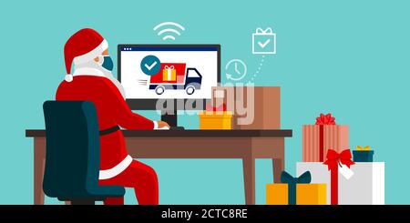 Santa delivering gifts from home using a delivery service, he is wearing a face mask and staying at home, social distancing and coronavirus prevention Stock Vector