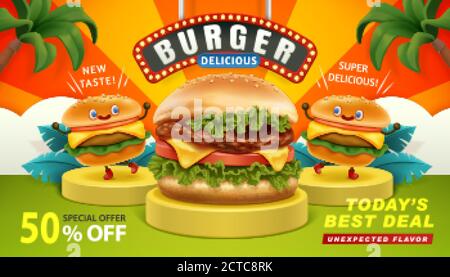 Delicious burger ad banner in 3d illustration with three burgers on podium against colorful tropical background Stock Vector