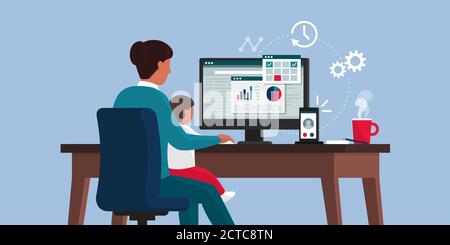 Busy woman working from home and taking care of her son, remote work and motherhood concept Stock Vector