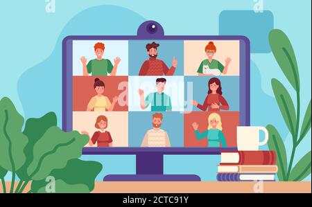 Video conferencing. Computer screen with group colleagues, virtual work meeting. Online discussion, remote management cartoon vector concept. Internet Stock Vector