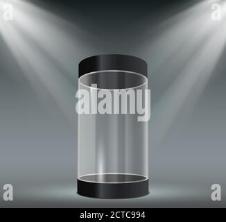 Glass cylinder showcase. Transparent plastic case, empty product or museum display with spotlights. Exhibition stand for exhibit vector. Capsule with Stock Vector