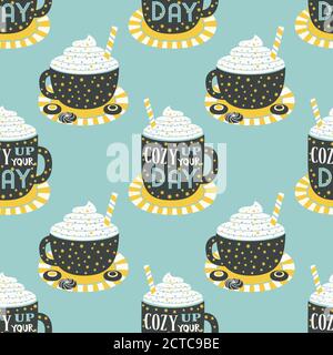 Warm cozy cocoa cup vintage retro seamless pattern Stock Vector