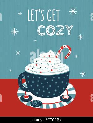 Hot cocoa mug whipped cream flat vector poster Stock Vector