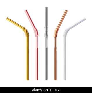 Metal drinking straw. Gold, silver and steel reusable drinking straws, modern accessories for drinks eco lifestyle realistic 3d vector set. Objects ma Stock Vector