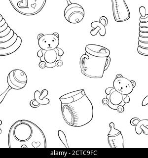 Vector seamless pattern of flat baby pacifier and hearts silhouette ...