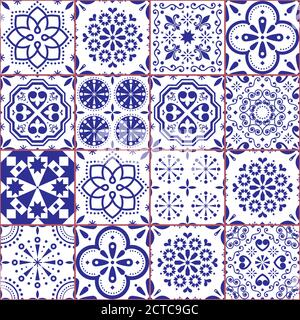 Portuguese Azulejo tile seamless vector pattern, Lisbon navy blue retro tiles design collection Stock Vector