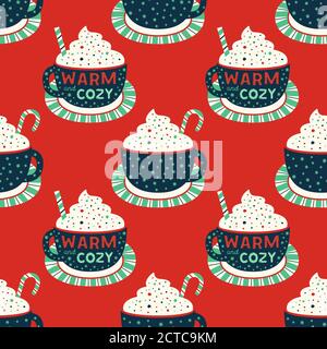 Warm cozy cocoa cup vintage retro seamless pattern Stock Vector