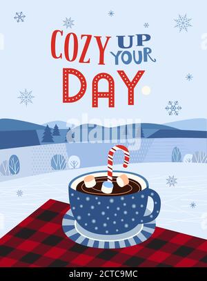 Hot cocoa mug on buffalo plaid flat vector poster Stock Vector