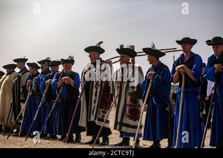 Traditional Hungarian shepherds are lining up for the annual contest results Stock Photo