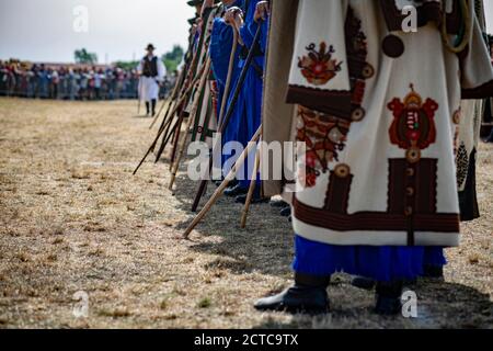 Traditional Hungarian shepherds are lining up for the annual contest results Stock Photo