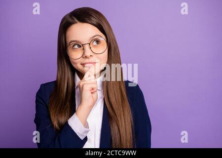 Close-up portrait of her she pensive genius brainy long-haired girl overthinking calculating solving task exercise making decision isolated bright Stock Photo