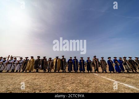 Traditional Hungarian shepherds are lining up for the annual contest results Stock Photo