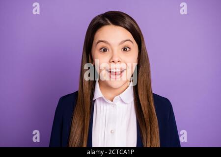 Close-up portrait of her she nice attractive pretty glad cheerful cheery brainy long-haired schoolchild learner got genius idea science isolated on Stock Photo