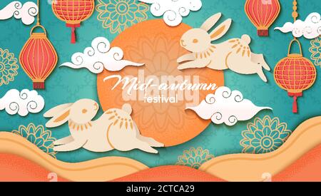 Mid autumn. Happy chinese autumn festival, rabbits and asian flowers and lanterns, moon and clouds, oriental style vector background. Paper cut art or Stock Vector