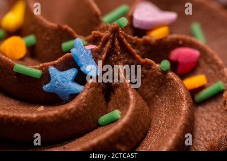 A close up of the icing and sprinkles on a chocolate cupcake using selective focus Stock Photo