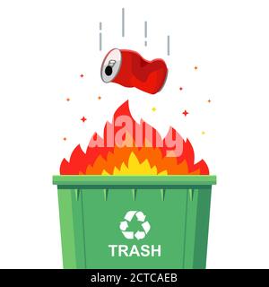 throw garbage into a container. incineration of unnecessary waste. ecology problems. flat vector illustration. Stock Vector