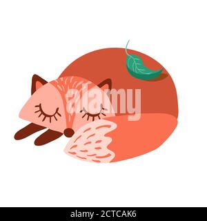 Cute cartoon fox in simple naive style. Sleeping woodland animal isolated on white background. Vector illustration. Stock Vector