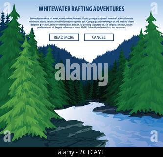Vector whitewater rafting background theme. Extreme travel rafting outdoor trip concept. Stock Vector