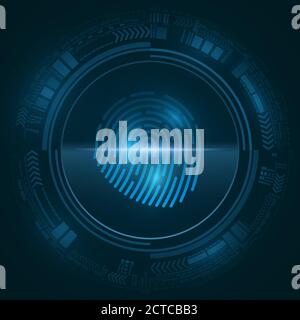 High-tech fingerprint for computer system security with HUD interface elements. Scan for padlock. Abstract blue cyber circle. Vector illustration. EPS Stock Vector